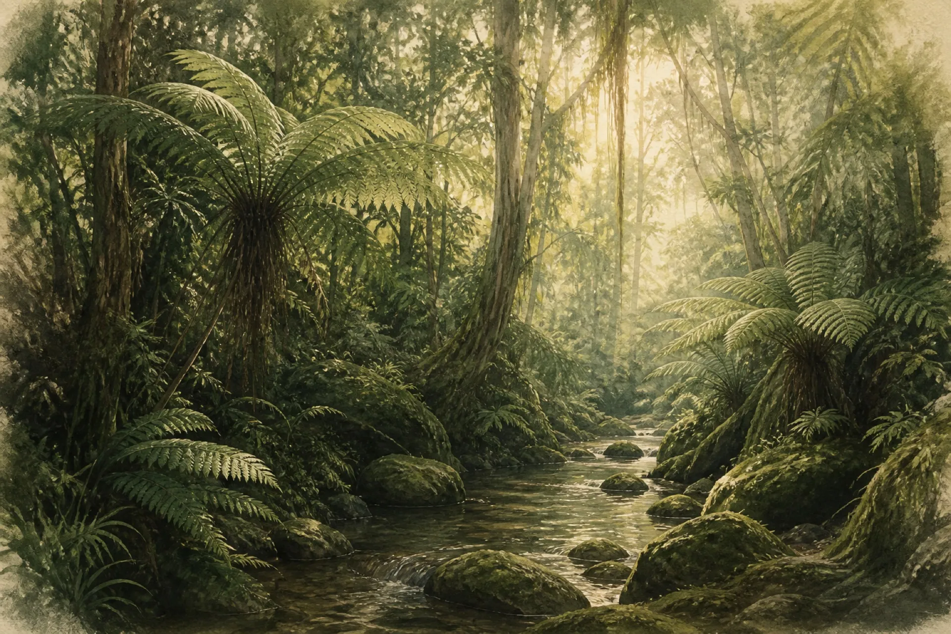 Illustration of a lush rainforest gully with tree ferns and a quiet creek